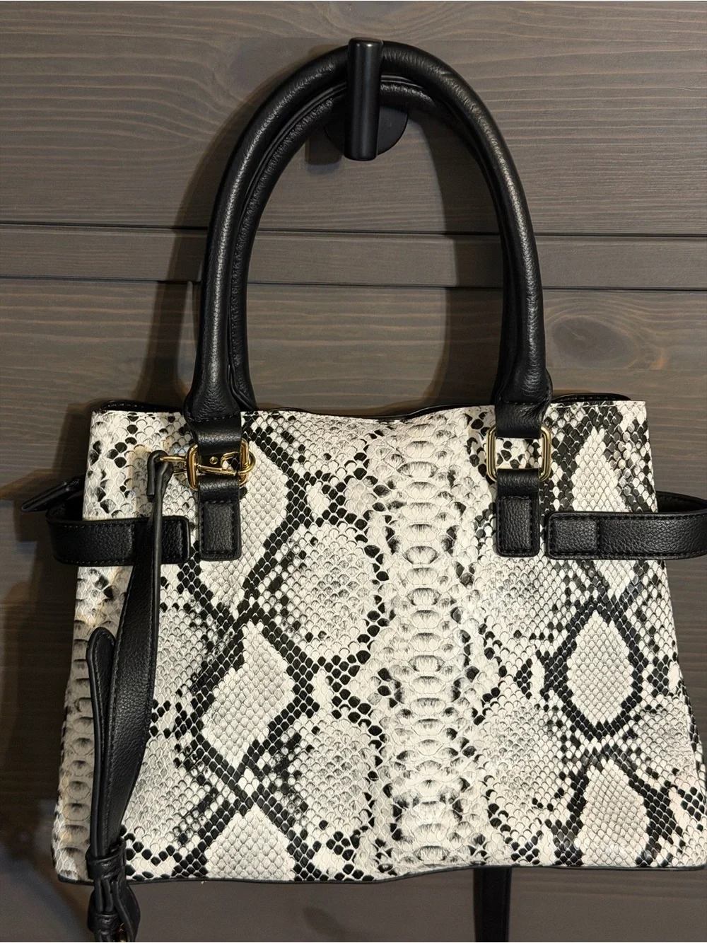 Aldo Black & White Snake-Print Satchel with Gold Stud Accents
